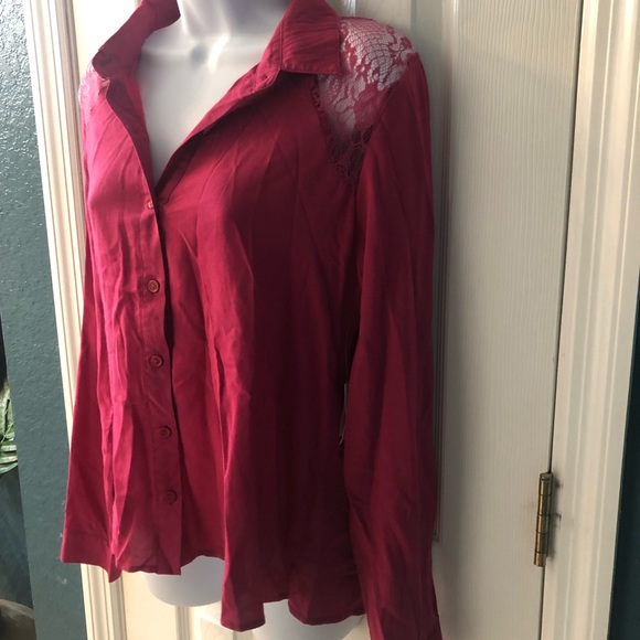 Pink Button Up Collared Blouse Lace Open Back - Picture 3 of 7